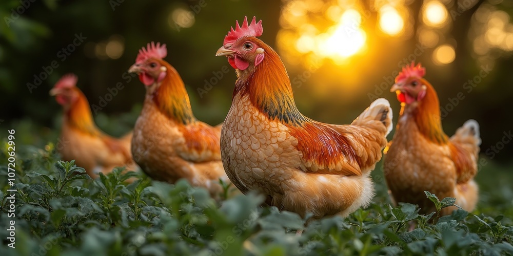 Fototapeta premium Four chickens stand in green grass with a sunset behind them.