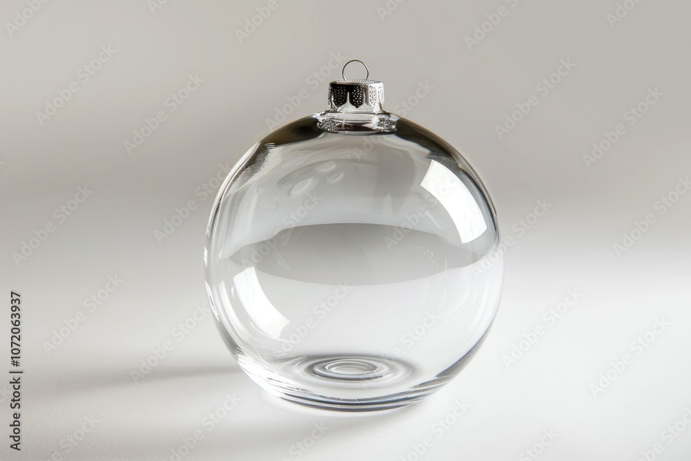 A single clear glass Christmas ornament sitting on a white surface, ready for decoration A single clear glass Christmas ornament sitting on a white surface, ready for decoration