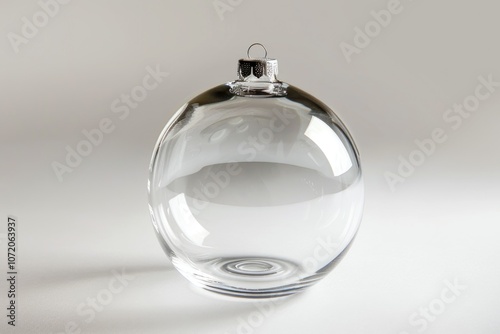 A single clear glass Christmas ornament sitting on a white surface, ready for decoration