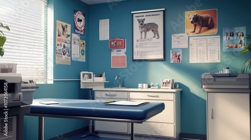 A veterinary clinic waiting room with blue walls and a white examination table. The room is decorated with posters of dogs and other animals.