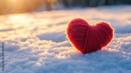 A bright red heart sits in the middle of fresh white snow, a symbol of love and affection