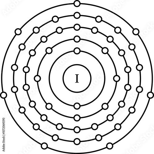 Iodine I electronic configuration, shell diagram vector illustration
