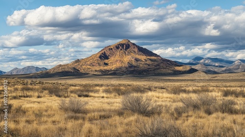 A large mountain stands tall in the middle of a desert, with sand and rocky terrain surrounding it