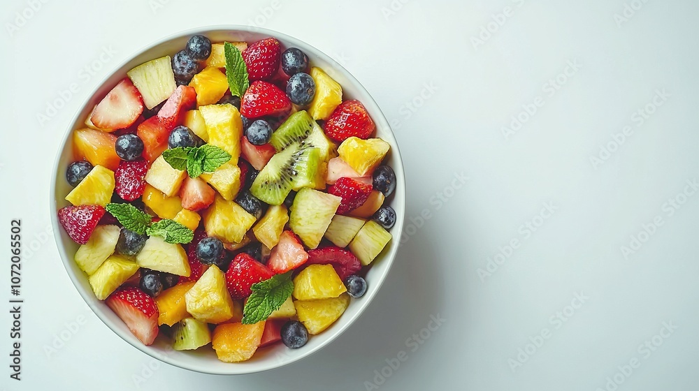 Fresh and Colorful Fruit Salad in a White Bowl, Showcasing a Vibrant Assortment of Tropical and Seasonal Fruits, Perfectly Isolated on a Clean Surface for Creative Projects Fresh and Colorful Fruit Salad in a White Bowl, Showcasing a Vibrant Assortment of Tropical and Seasonal Fruits, Perfectly Isolated on a Clean Surface for Creative Projects