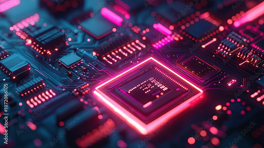 Close-up of a circuit board with a glowing pink square around a chip. Close-up of a circuit board with a glowing pink square around a chip.