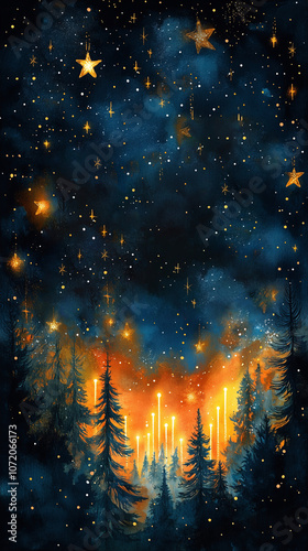 Christmas design background for Cgristmas cards, banner, wallpaper, Wood, winter, snow, night sky, forest, stars, northen lights. Fairytale festive bacdrop, place for text. Gretting card. Vertical. photo