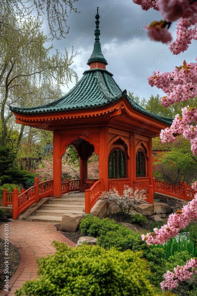 A gazebo surrounded by pink flowers in a park, great for outdoor events or gardening images A gazebo surrounded by pink flowers in a park, great for outdoor events or gardening images