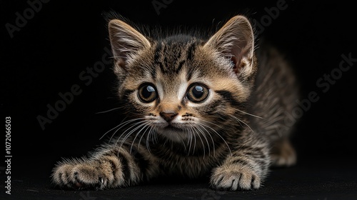  Curious kitten in playful crouch, rear up with front paws reaching forward as if ready to pounce, showing lively energy.