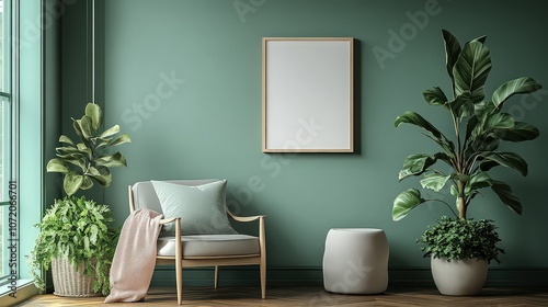  Stylish interior with green walls, houseplants, and cozy seating, creating a peaceful and nature-inspired living space.