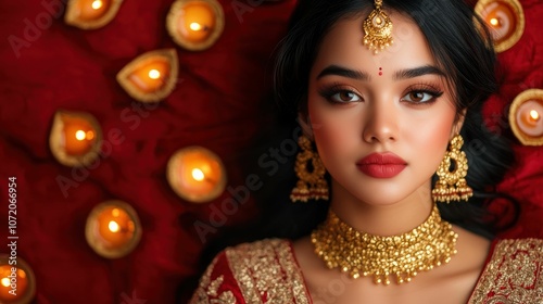 A woman wearing a gold necklace and red lipstick is laying on a red background