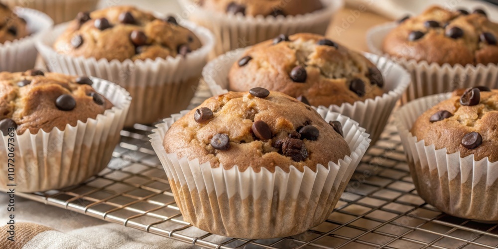 Close-up of freshly baked chocolate chip muffins on a cooling rack, showcasing the golden brown tops and the melted chocolate chips scattered across the surface. Close-up of freshly baked chocolate chip muffins on a cooling rack, showcasing the golden brown tops and the melted chocolate chips scattered across the surface.