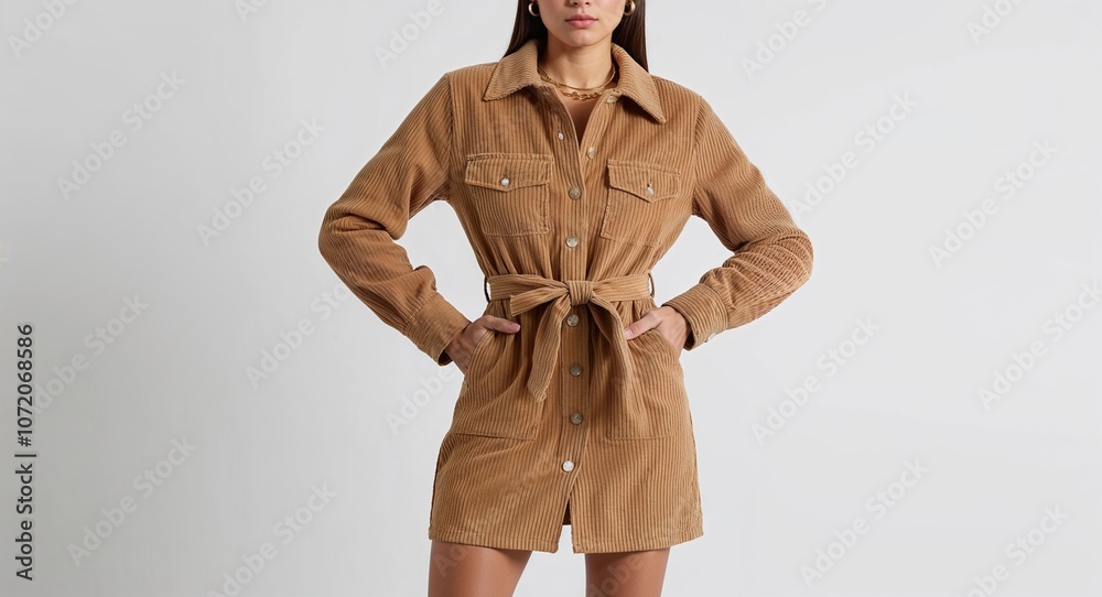 custom made wallpaper toronto digitalBeige corduroy mini dress with button front and waist tie display on plain white background
