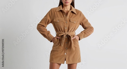 Beige corduroy mini dress with button front and waist tie display on plain white background