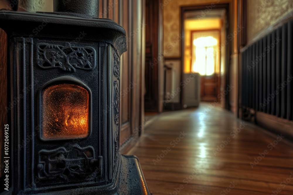 Fototapeta premium A traditional wood burning stove sits in a cozy hallway, perfect for a rustic home or cabin