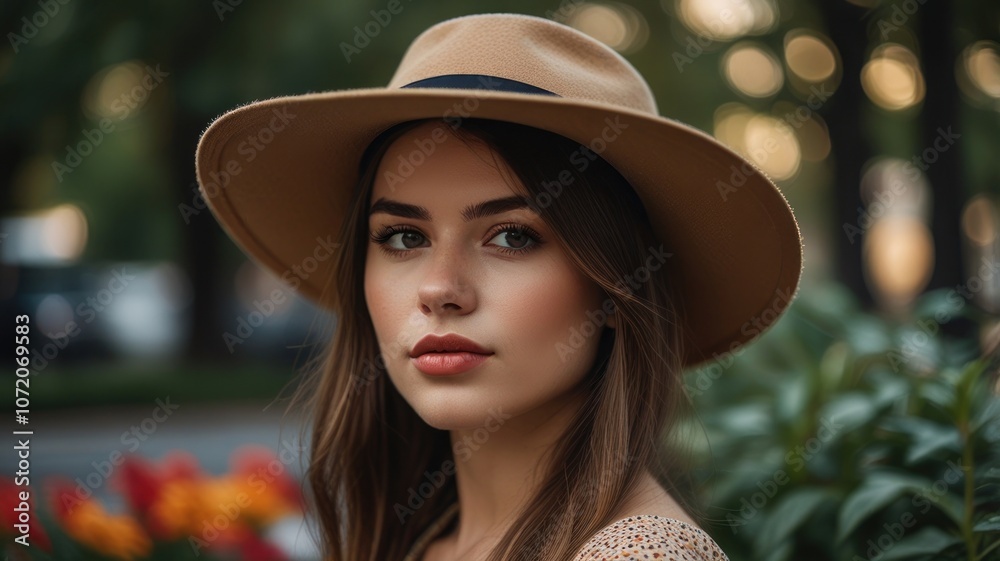Portrait of a young woman in a fedora, looking at the camera Portrait of a young woman in a fedora, looking at the camera