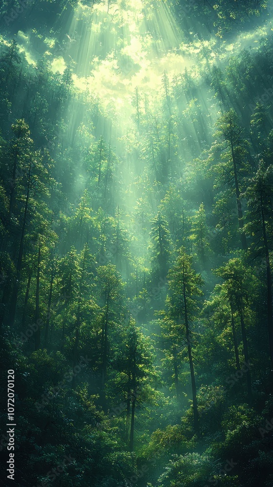 Obraz premium Sunlight Streaming Through a Misty Forest Canopy