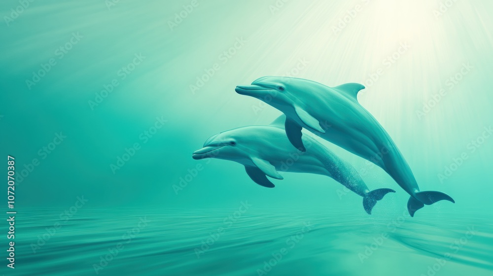 Fototapeta premium Two dolphins gracefully swim through serene turquoise waters, illuminated by sunbeams, AI