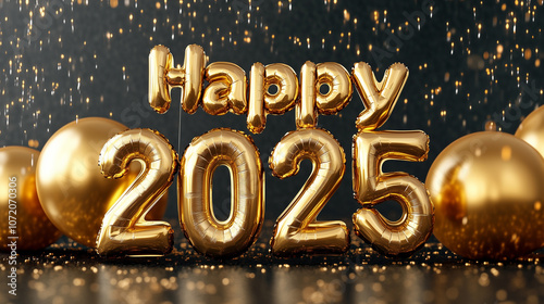 Gold Happy New Year 2025 message balloons with decoration party, symbolizes the start of the new year photo