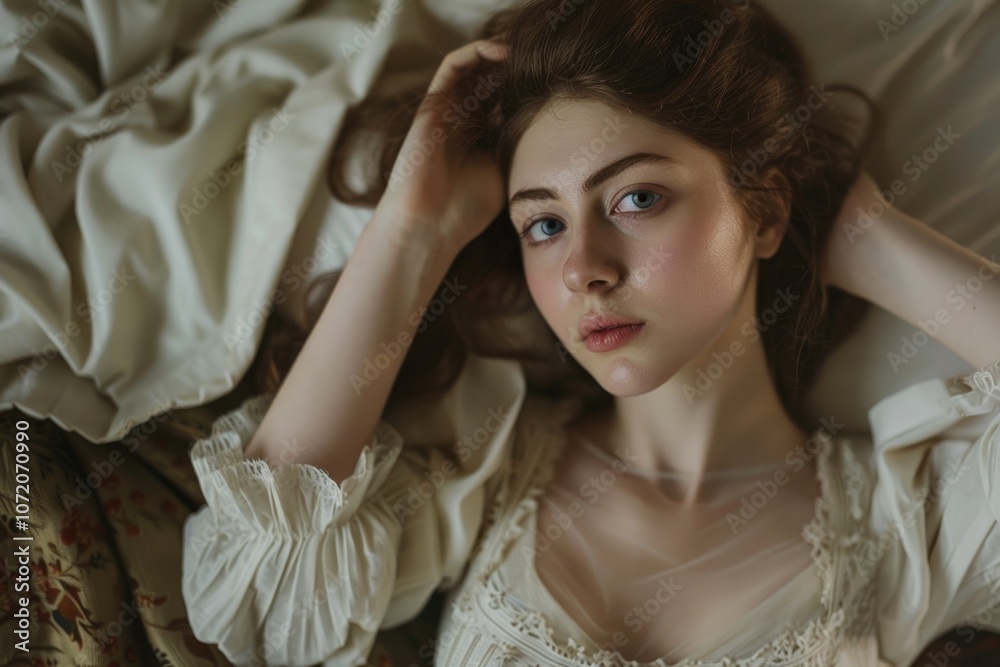 A woman lies on a bed wearing a white dress, suitable for use in editorial or creative projects A woman lies on a bed wearing a white dress, suitable for use in editorial or creative projects