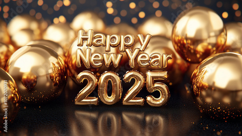 Gold Happy New Year 2025 message balloons with decoration party, symbolizes the start of the new year photo