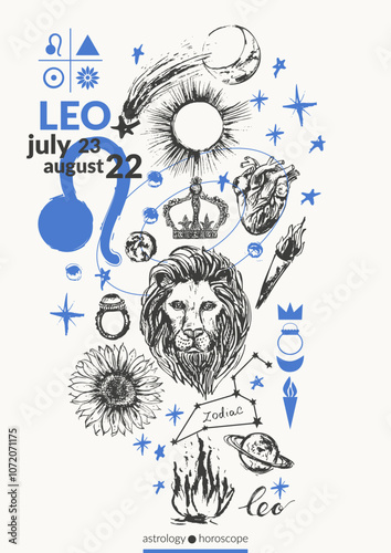 Hand drawn leo zodiac sign illustration, horoscope background with astrology symbols and talismans