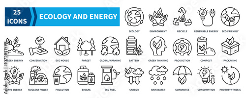 Ecology And Energy icon collection set. Containing ecology, environment, recycle, renewable energy, eco-friendly, green energy, conservation icon. Simple black outline vector.