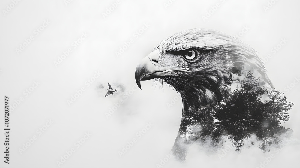 Fototapeta premium Double exposure of a Eagle head with a forest landscape overlay, concept for ecology and climate change