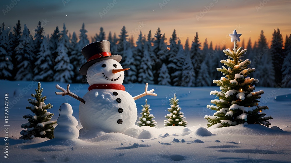 Obraz premium Snowy landscape with illuminated Christmas trees and a cute snowman, creating a magical holiday atmosphere. snowy Christmas, snowman, holiday lights, festive atmosphere, magical scene.