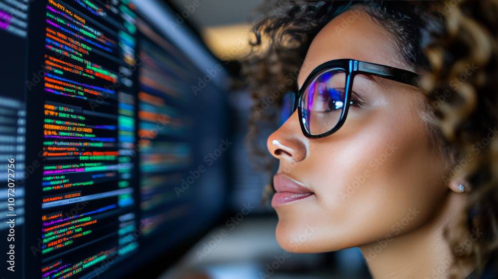 Woman in glasses looks at a computer screen filled with code. Woman in glasses looks at a computer screen filled with code.