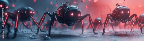 AI insect repairing, A dramatic scene featuring robotic spiders with glowing red eyes, set against a moody backdrop, evoking a sense of futuristic technology and intrigue.