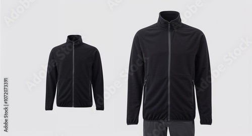 Black zip up fleece jacket with stand up collar and side pockets display on plain white background
