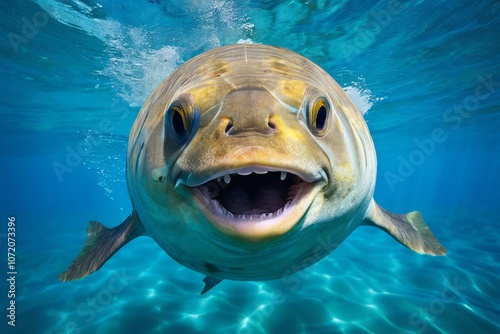 smiling sunfish ocean swimming round photo