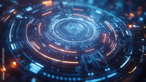 Wallpaper Mural A glowing white circular tech interface with intricate gears and digital circuits on a deep blue background, featuring a futuristic cybernetic HUD display with ethereal lighting. Torontodigital.ca