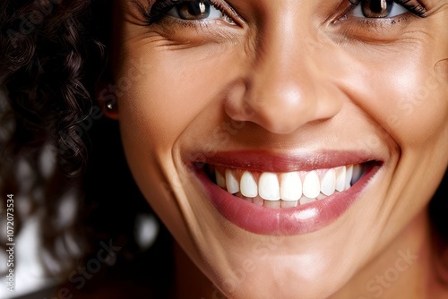 smiling woman close up of a womans genuine smile showcasing teet