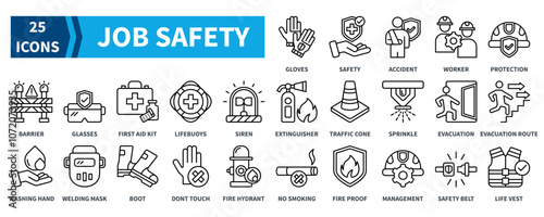 Job Safety icon collection set. Containing gloves, safety, worker, head protection, first aid kit, boot, fire hydrant, safety management icon. Simple black outline vector.
