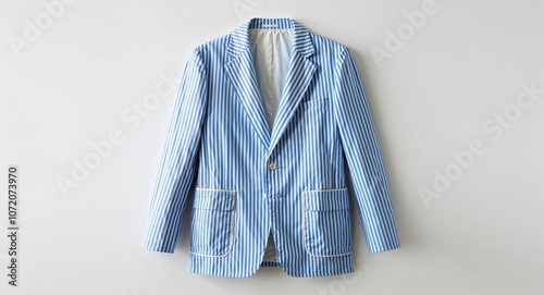 Blue and white striped seersucker blazer with notched lapel and patch pockets display on plain white background