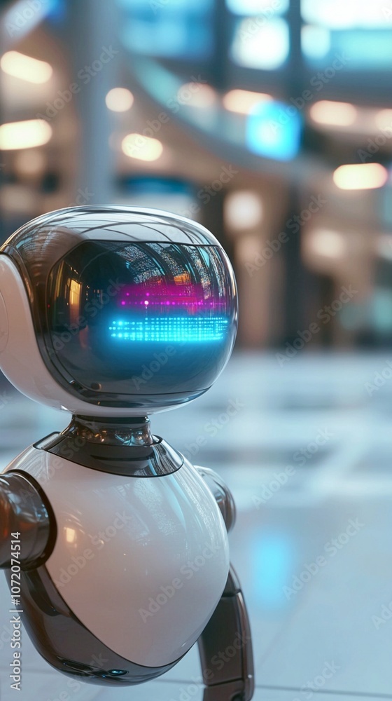 Fototapeta premium Futuristic robot with reflective helmet displays vibrant blue interface, standing in a modern, blurred interior with soft lighting and bokeh effects.