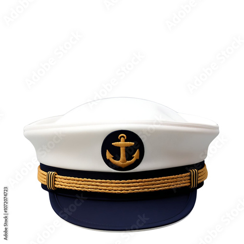 White captain's hat with blue band and gold anchor.