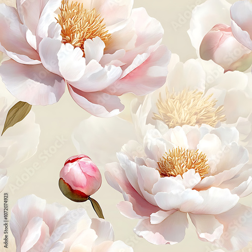 Delicate watercolor peonies in soft pastel pinks and whites create serene floral pattern, evoking sense of tranquility and beauty photo