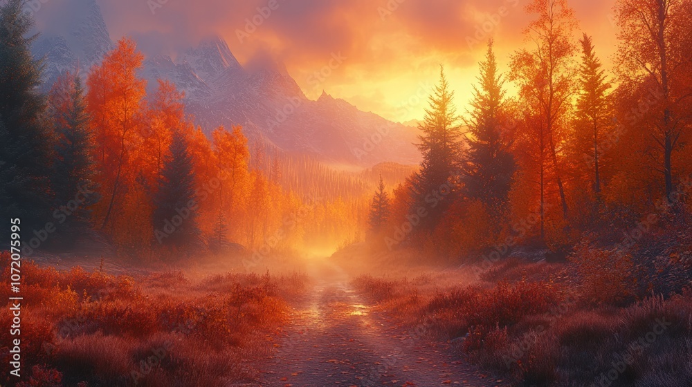 A misty forest path leading towards mountains at sunrise with golden leaves and a dramatic sky. A misty forest path leading towards mountains at sunrise with golden leaves and a dramatic sky.
