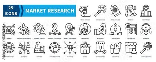 Market Research icon collection set. Containing trend analysis, demographics, price analysis, competitor, demand, business strategy, customer icon. Simple black outline vector.