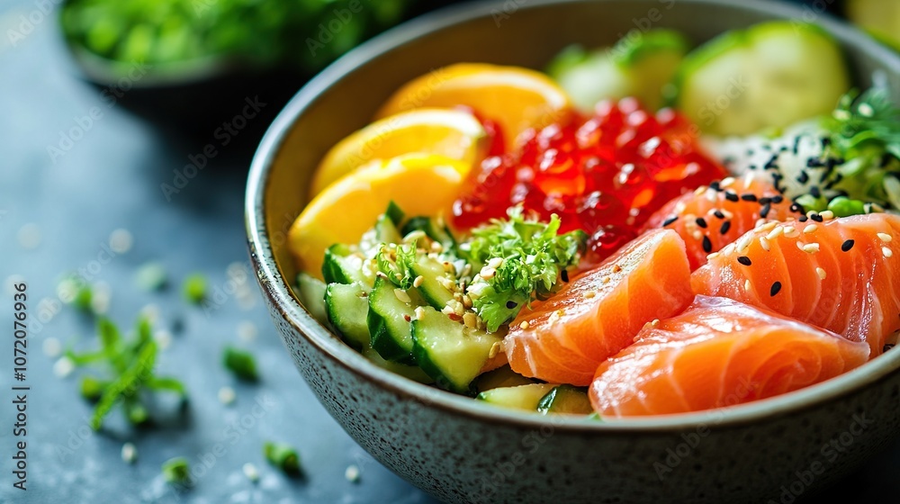 Processed fish and raw vegetables served in a bowl Processed fish and raw vegetables served in a bowl