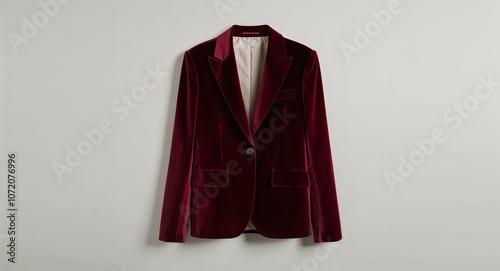 Burgundy velvet blazer with single button closure and peak lapels display on plain white background photo