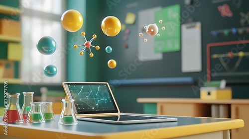 A 3D school classroom setup with a tablet on a desk and floating 2D science icons like atoms and test tubes above, representing interactive science education, 4k resolution, ultra-realistic, photo