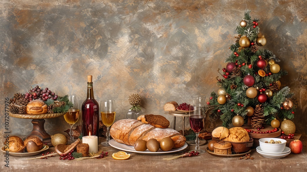 Obraz premium Christmas Feast With Bread, Wine, Fruit, Soup And Traditional Desserts on the Rustic Red Table.