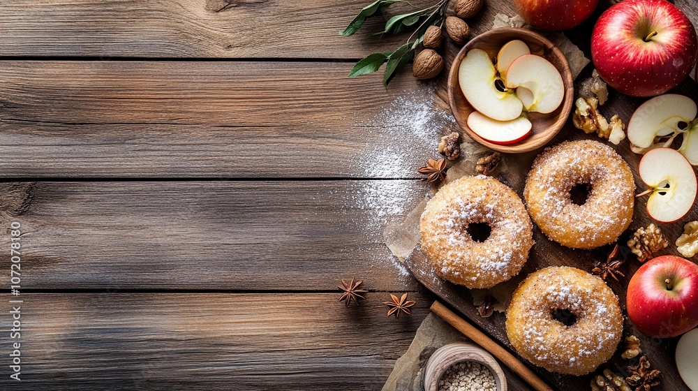 Traditional tasty ready to eat apple cider donuts. Homemade baked apple cinnamon donuts with apple pie crumble and spices, served on wooden table copy space