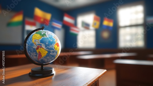 A 3D school desk with a world globe and 2D country flags floating nearby, symbolizing cultural studies, 4k resolution, ultra-realistic, uncluttered background