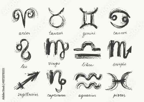 Hand drawn ink zodiac signs. Astrological symbols.