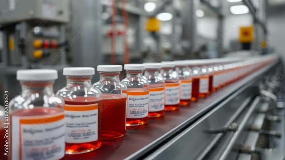 Automated production line with orange prescription pill bottles moving along a conveyor belt in a clean and organized pharmaceutical facility. Ideal for themes of healthcare, medicine, and pharmaceuti Automated production line with orange prescription pill bottles moving along a conveyor belt in a clean and organized pharmaceutical facility. Ideal for themes of healthcare, medicine, and pharmaceuti