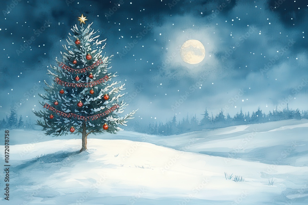 custom made wallpaper toronto digitalA decorated Christmas tree stands alone in a snowy field under a bright full moon, surrounded by a peaceful winter landscape.